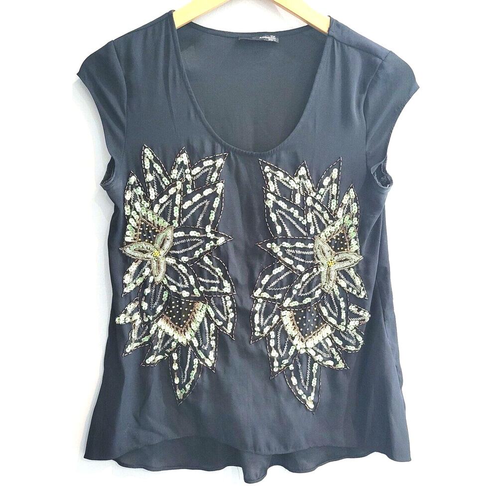 The Addison Story Top‎ Small Black Green Embroidered Beaded Boho Anthropologie